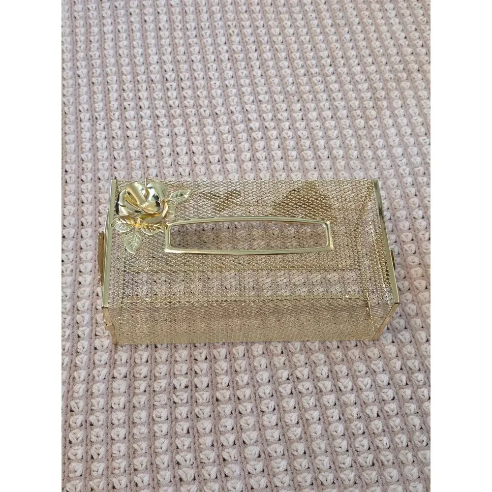VTG MCM Metal Mesh Gold Tone Kleenex Box Cover with Rose and Leaf Design